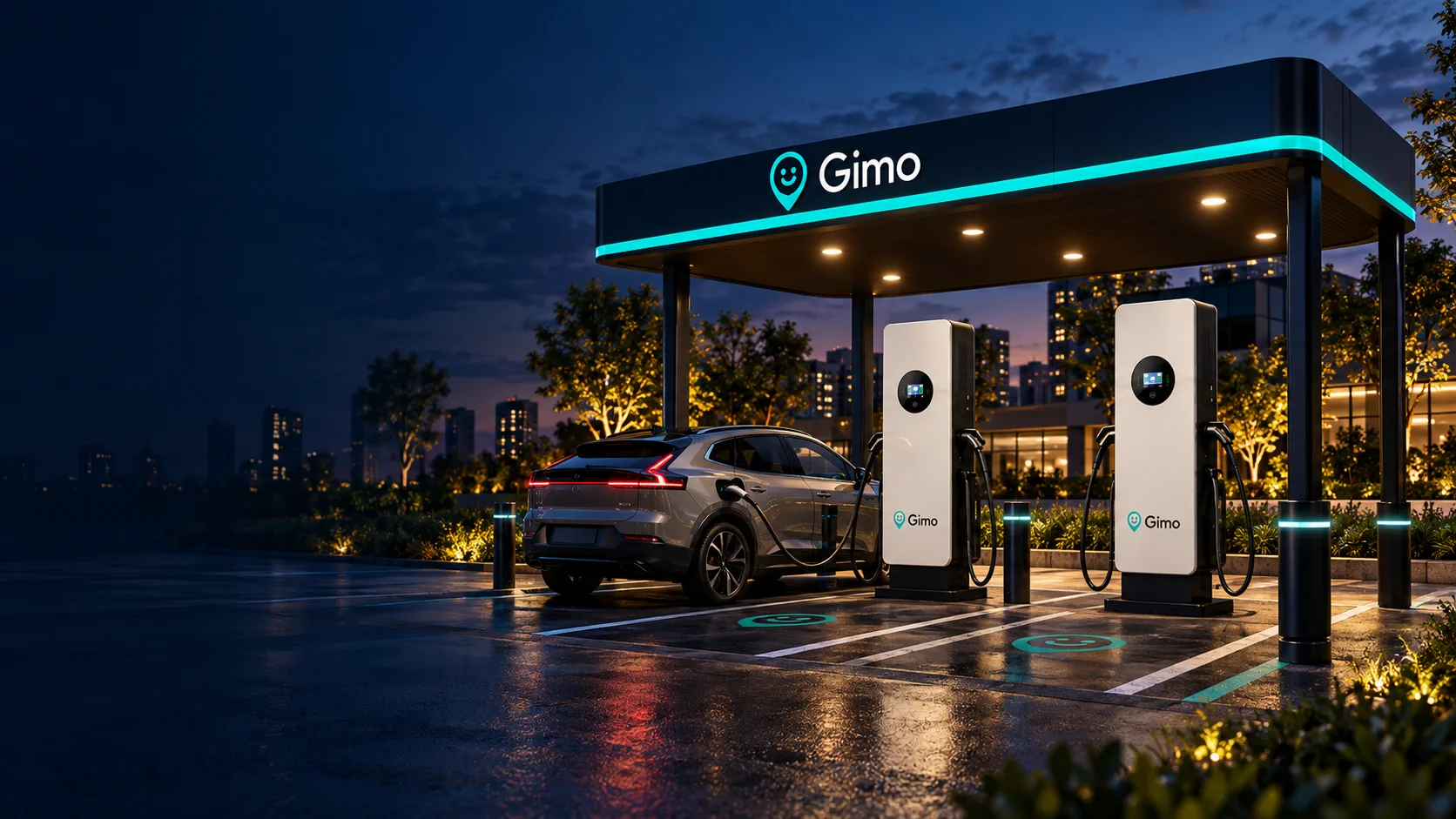 Renderização conceitual de um eletroposto Gimo com veículo em recarga